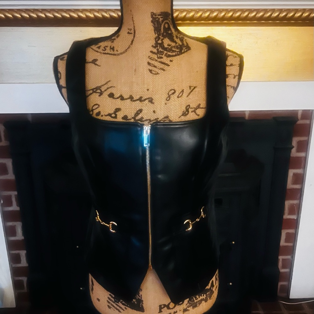 7 For All Mankind Black Leather Vest with Gold Accents NWT